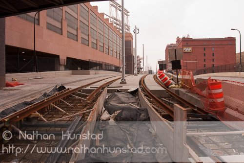 Construction on the Hiawatha LRT extension to Target Field.